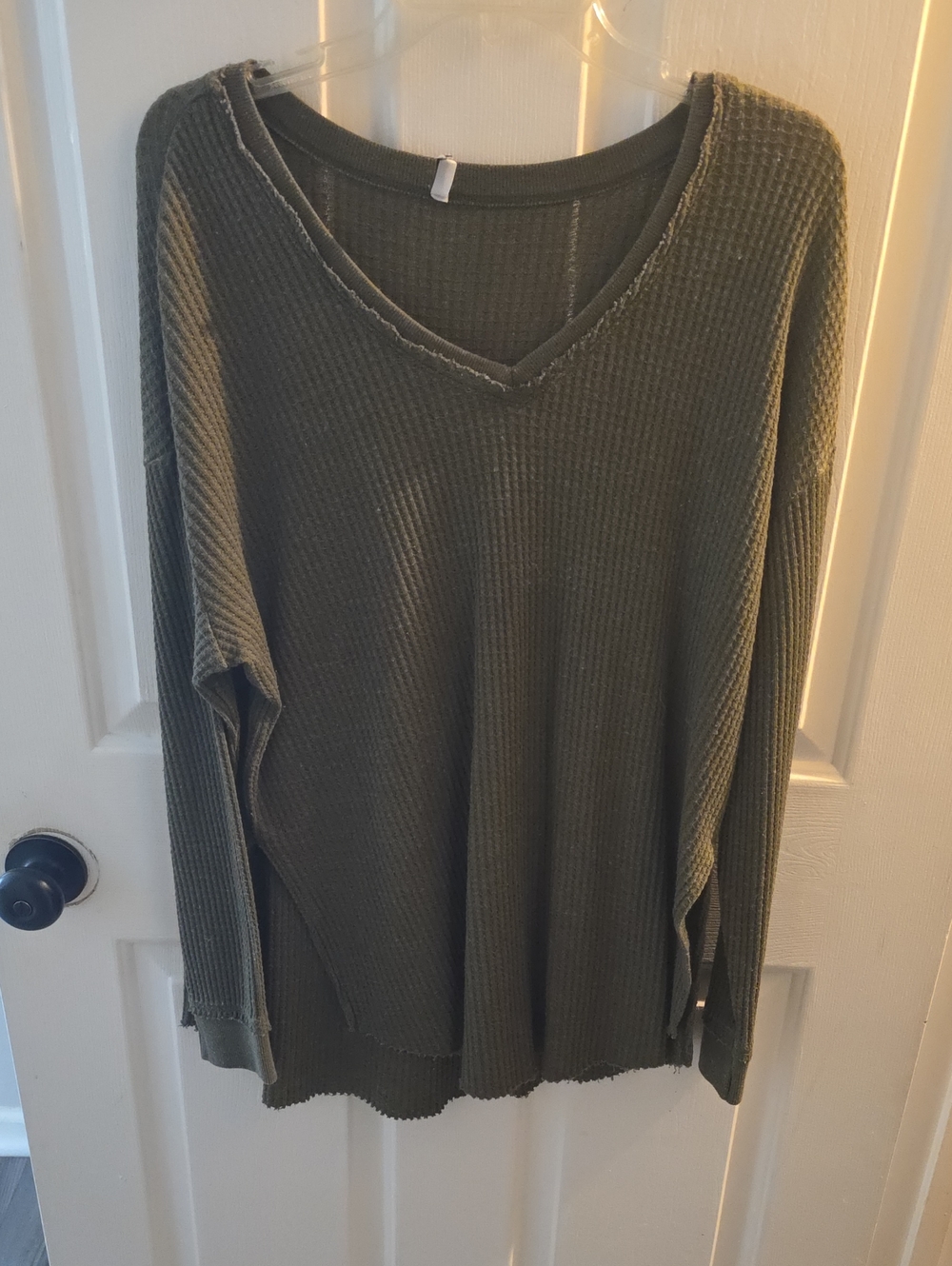 Women's Olive Waffle-Knit Long Sleeve V-Neck Top
